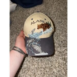 Vintage Alaska Hat All Over Embroidered Bear Fish Cap Outdoors 90s Leather Strap